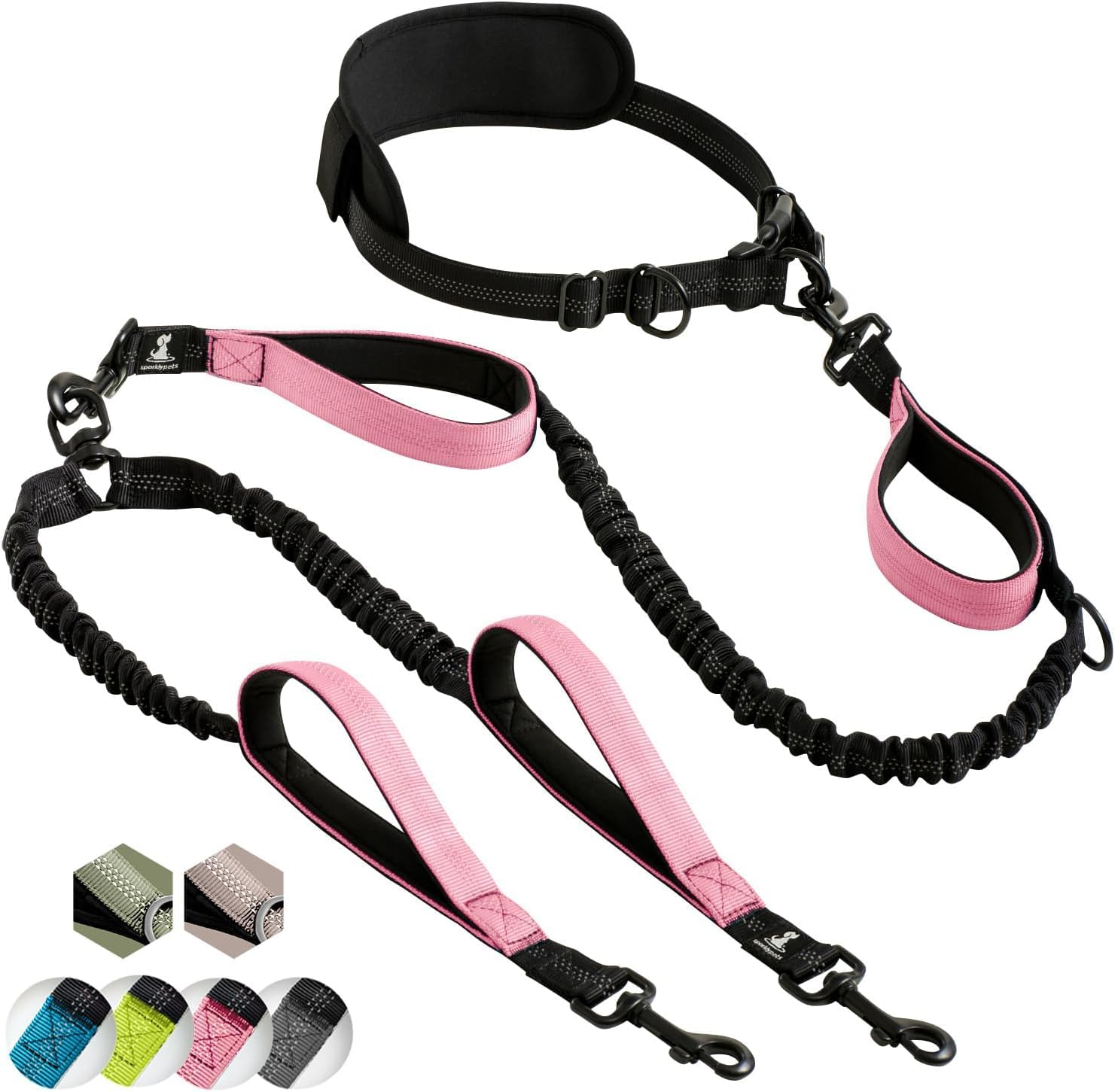 SparklyPets hands-free double leash with padded handles for comfortable two-dog walks.