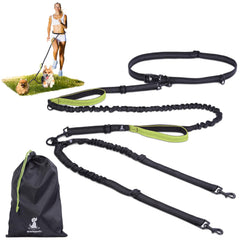 SparklyPets hands-free double leash waist setup reduces strain on walks with two dogs.