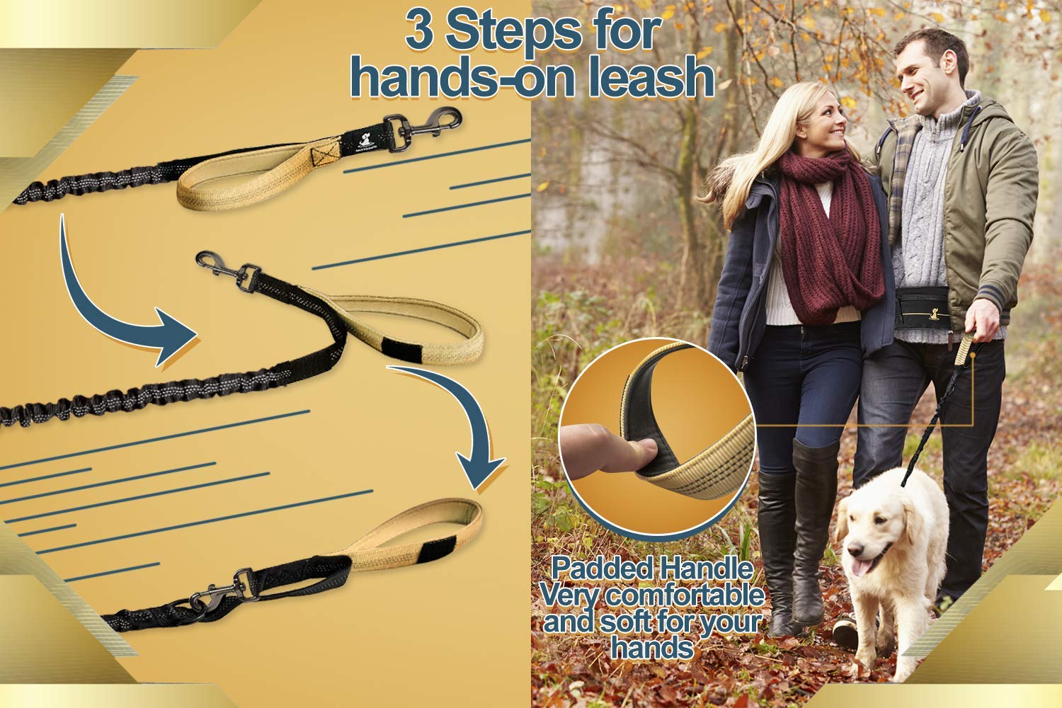 SparklyPets hands-free leash bungee section shows shock-absorption for comfy walks