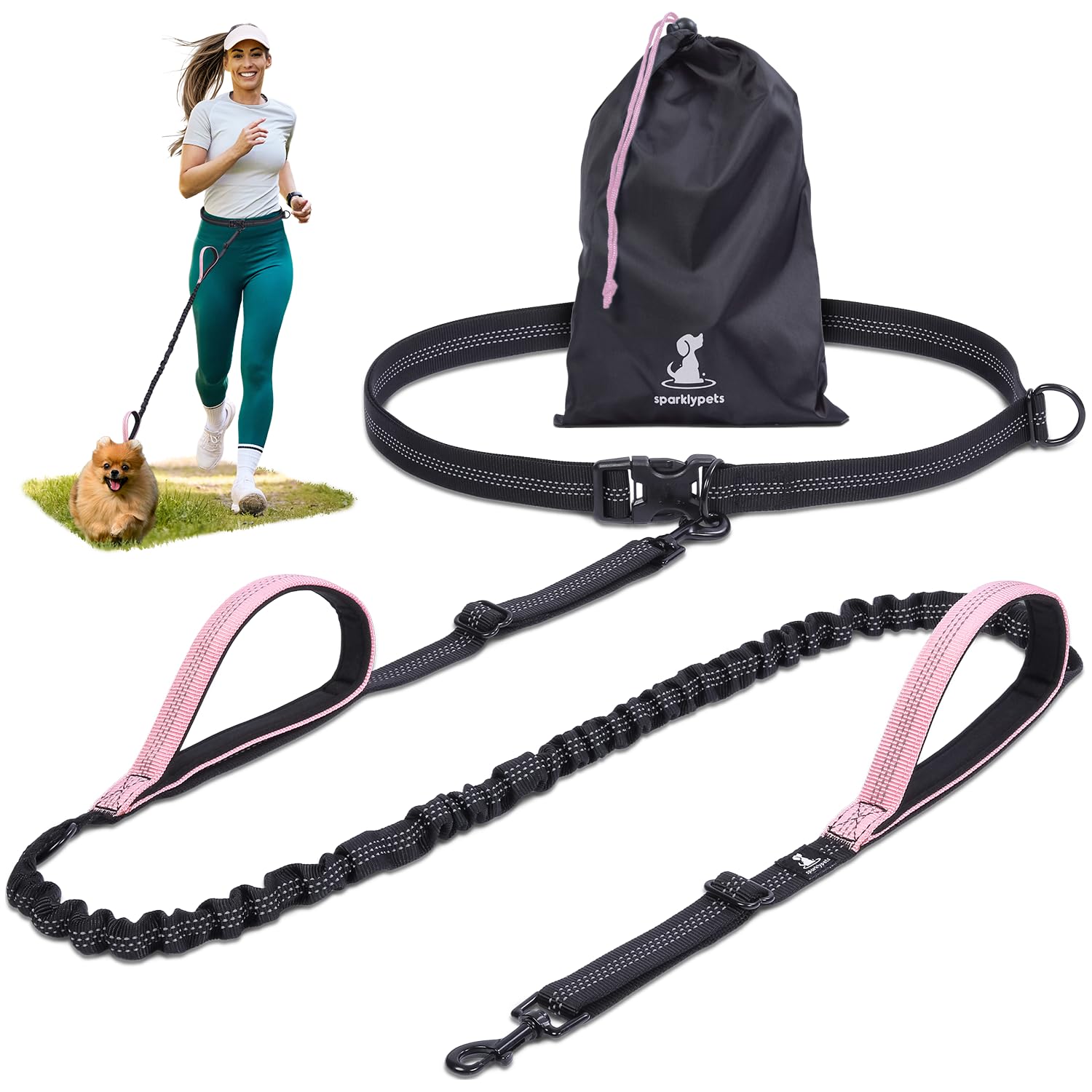 SparklyPets hands-free waist strap enables comfortable hands-free dog walks.