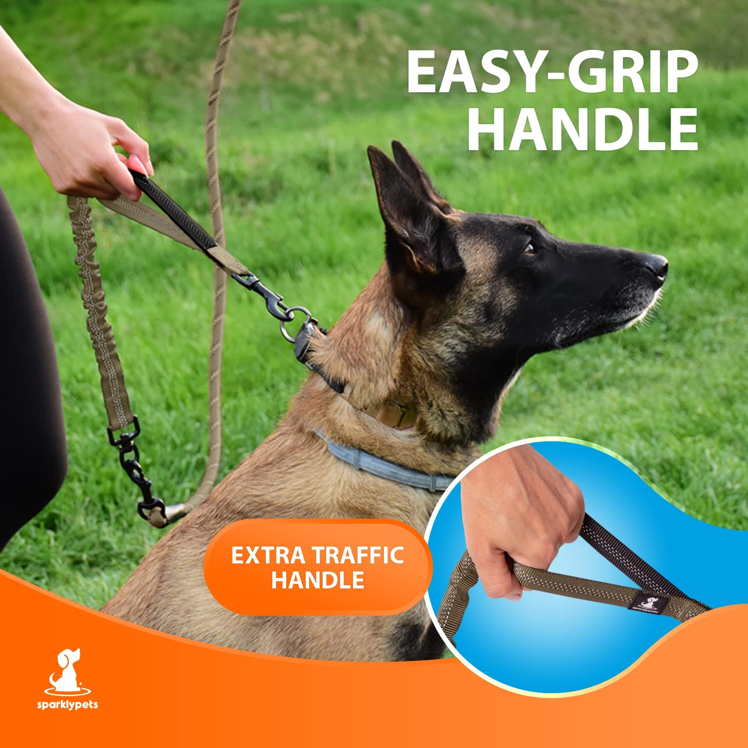 SparklyPets rope bungee leash brown hands-on demonstrates anti-pull action for calmer starts
