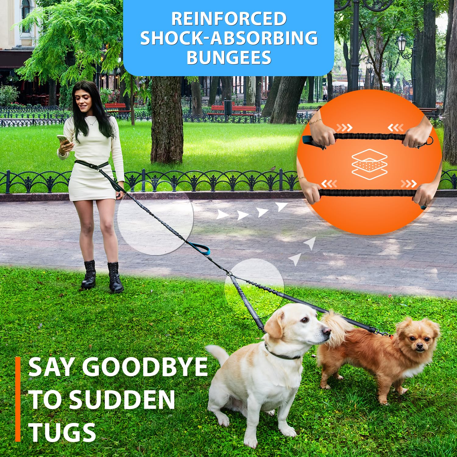 SparklyPets two-dog walking setup showing coordinated control and freedom