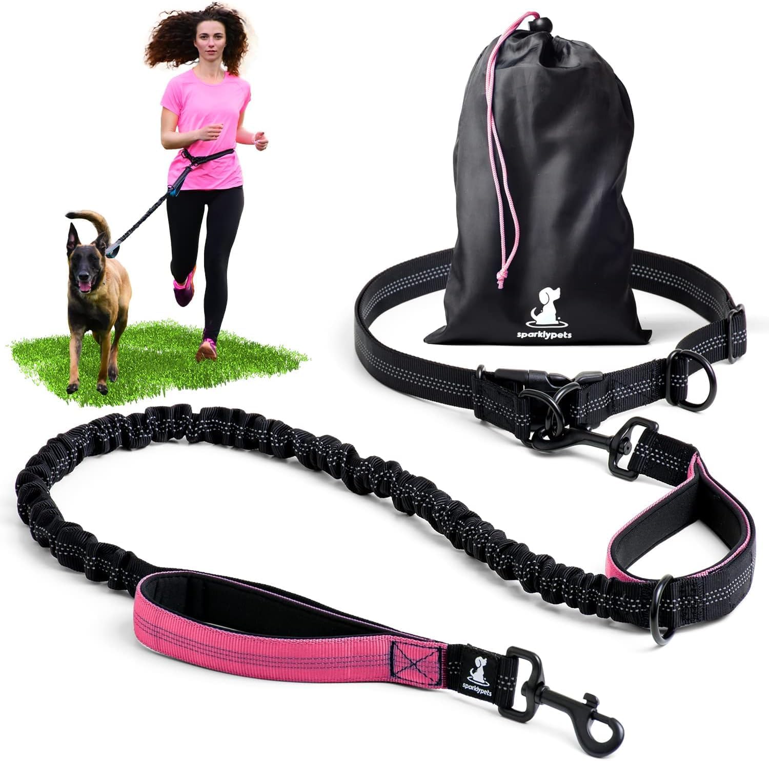 SparklyPets waist leash belt clip for secure walking with dual stainless steel clasps.