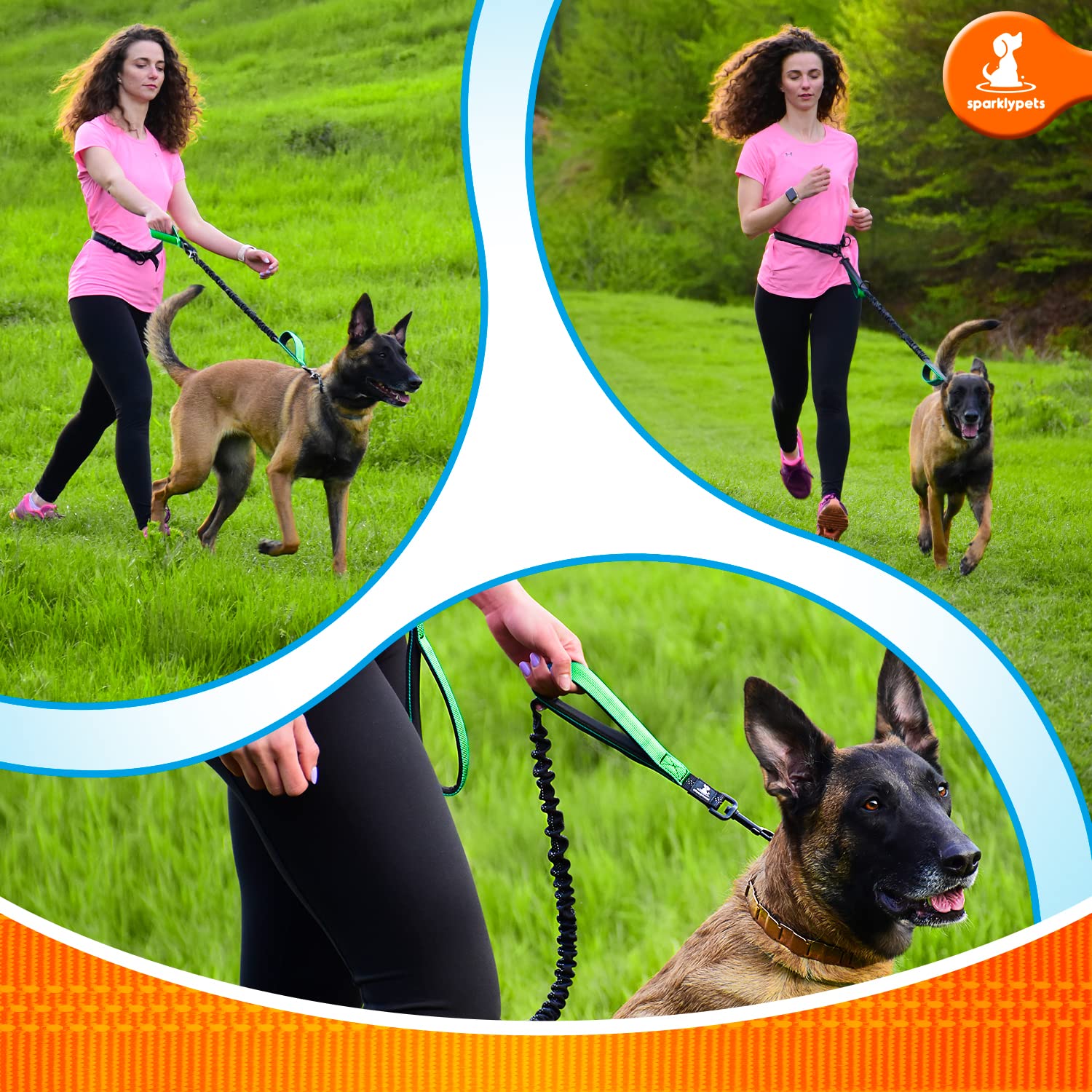 SparklyPets waist leash for medium and large dogs on comfortable trail walks