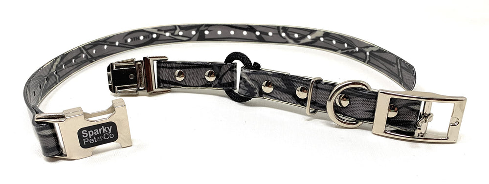 Sparky Pet Co bungee loop dog collar detail highlights secure, flexible performance during active play