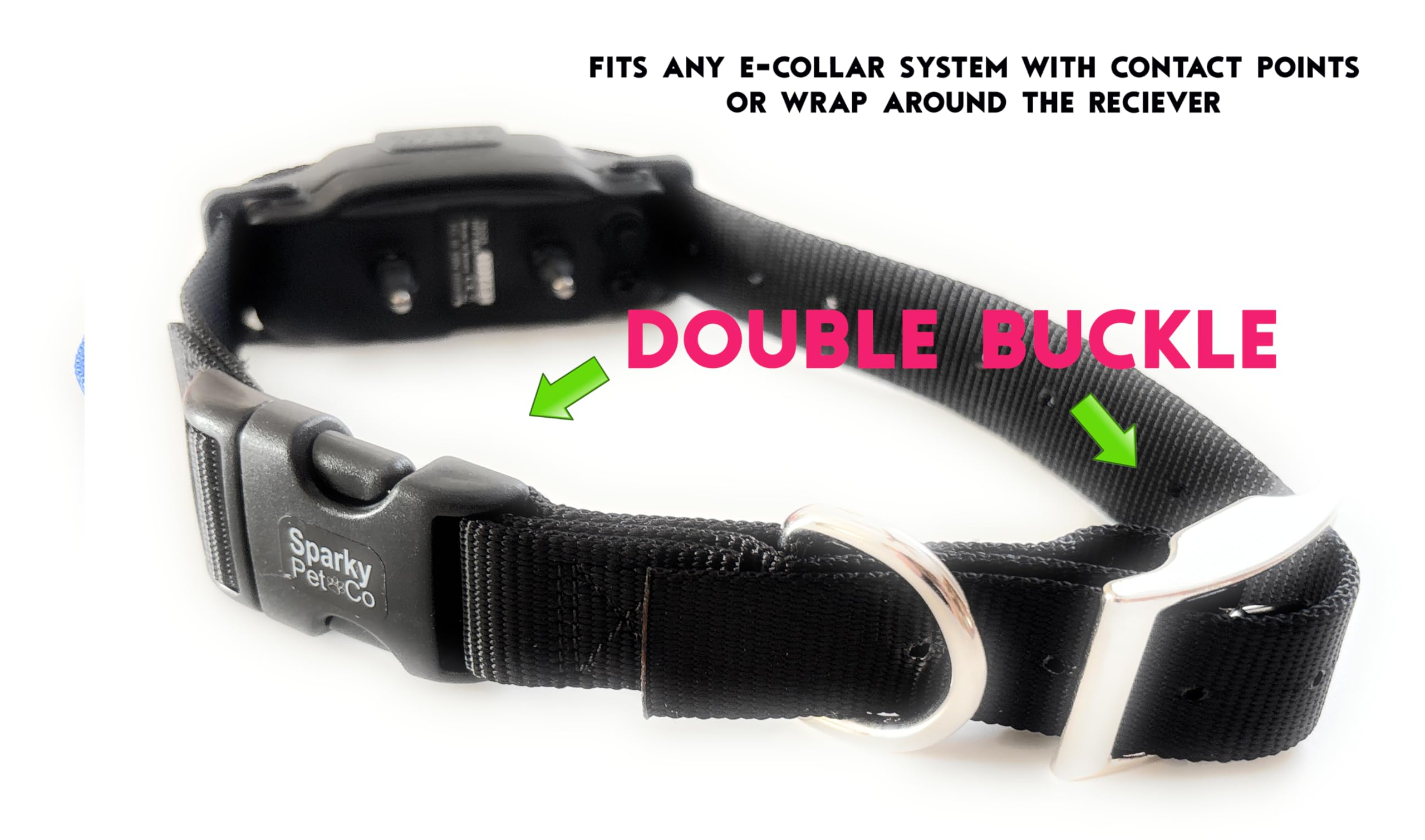 Sparky Pet Co double buckle closure delivers secure fit for active dogs.