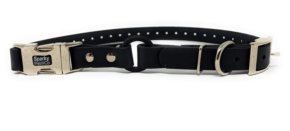 Sparky Pet Co Zeus ECollar strap black close-up shows waterproof biothane durability