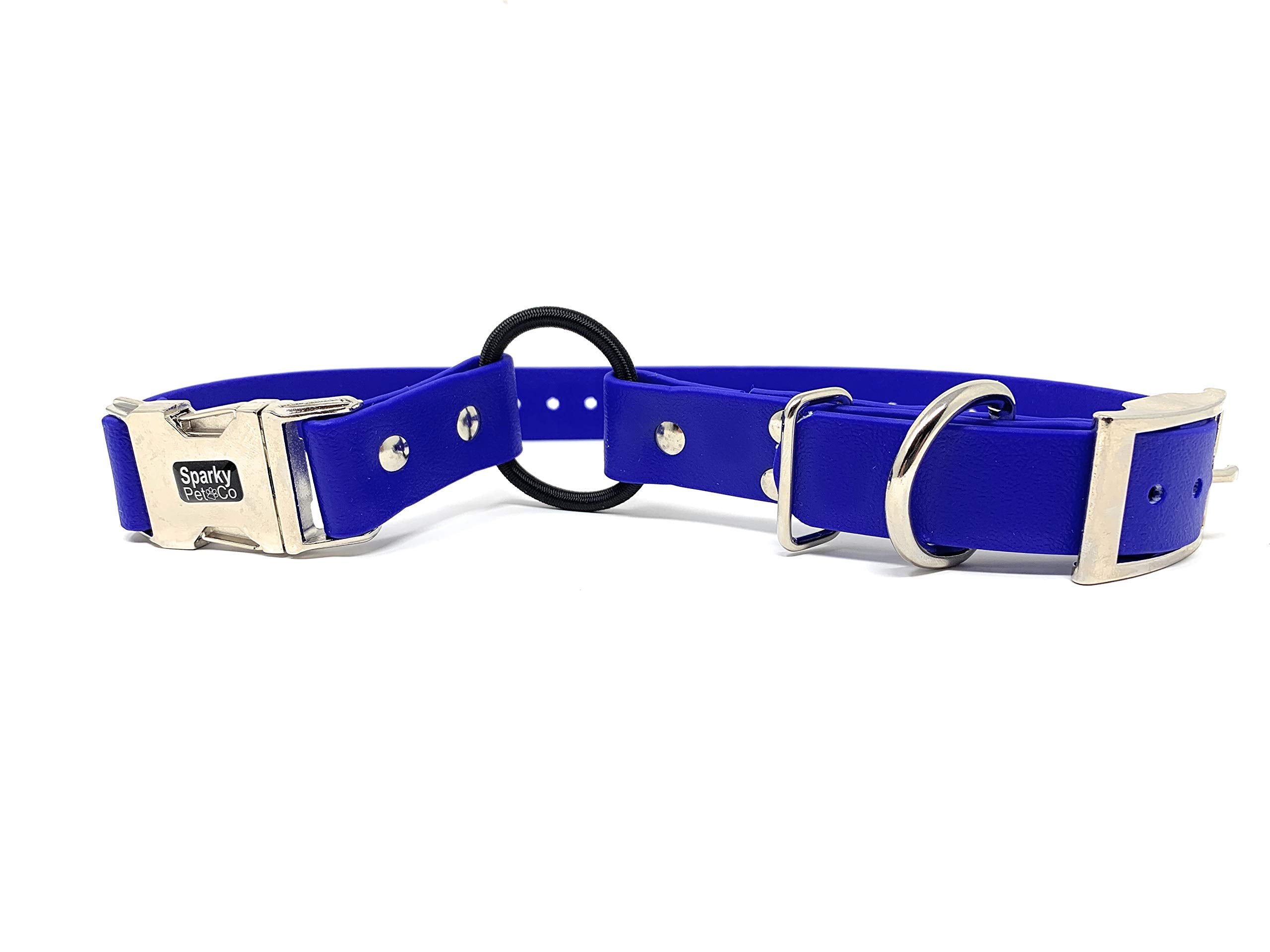 Sparky Pet Co Zeus ECollar strap blue closeup highlights durable Biothane