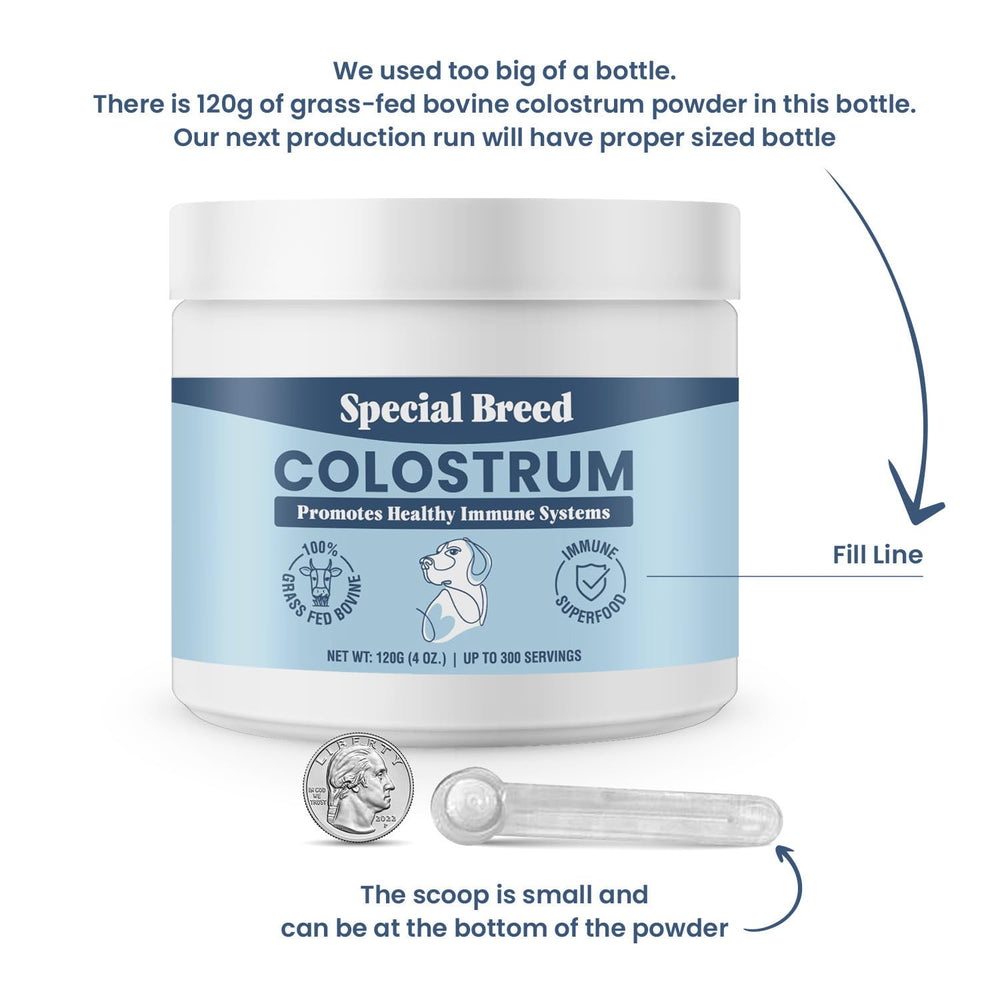 Special Breed bovine colostrum powder serving scoop demonstrates easy daily dosing