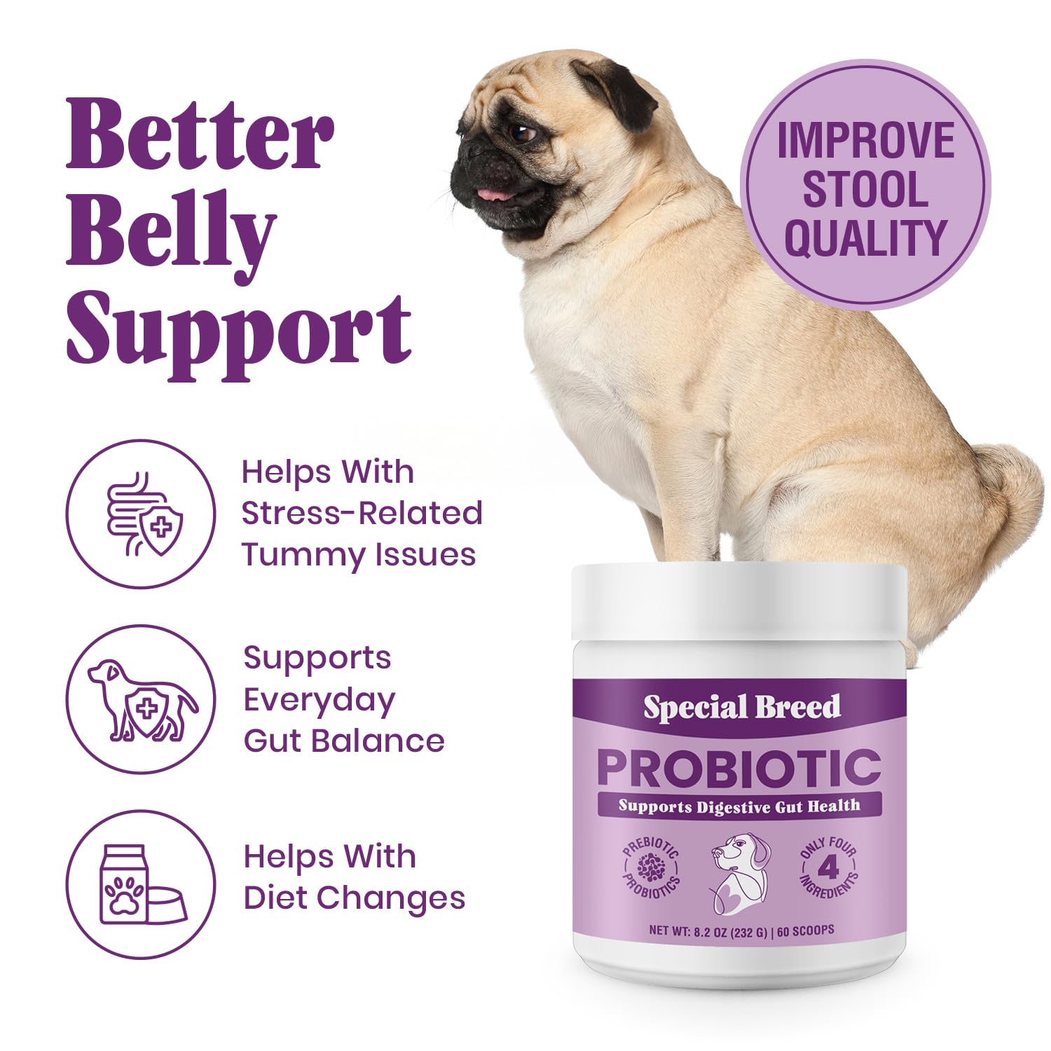 Special Breed dog probiotics scoop pour image demonstrating easy administration and precise dosing.