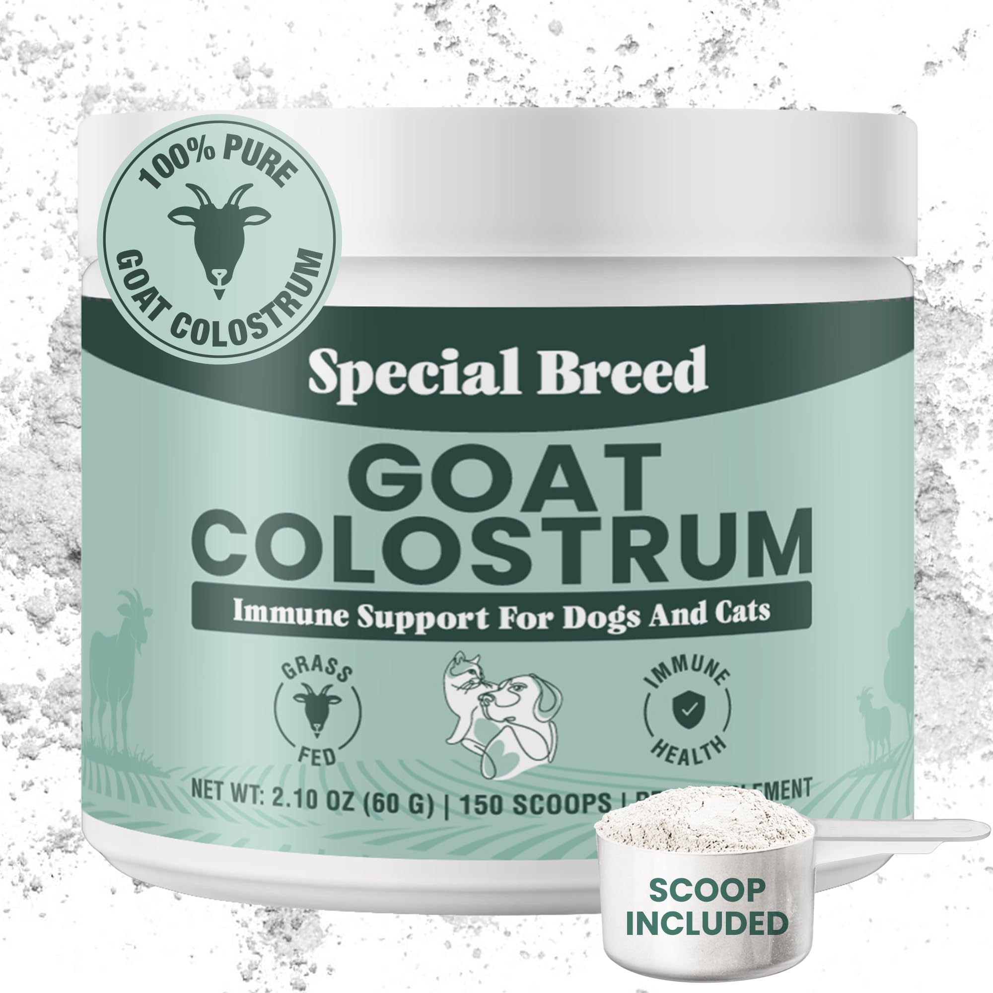 Special Breed Goat Colostrum Powder bottle supports immune health for dogs and cats.