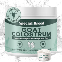 Special Breed Goat Colostrum Powder bottle supports immune health for dogs and cats.