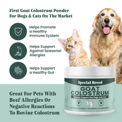 Special Breed Goat Colostrum Powder scoop shows easy dosing for pets.