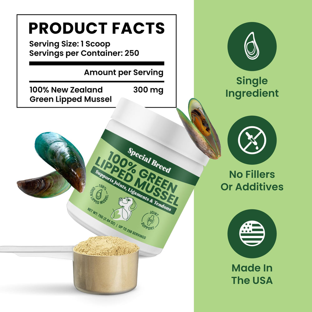 Special Breed Green Lipped Mussel Powder NZ-sourced emphasizing pristine waters and natural ingredients.