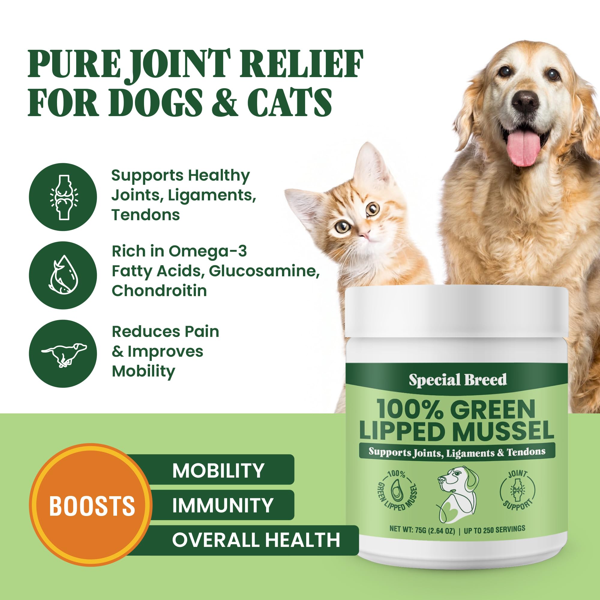 Special Breed Green Lipped Mussel Powder scoop shows easy daily servings for joint health.
