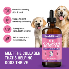 Special Breed Liquid Collagen for Dogs pouring into food for easy daily dosing