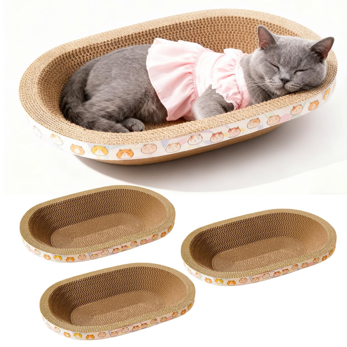 Spindro oval cat scratcher bed highlights cozy lounging for indoor cats