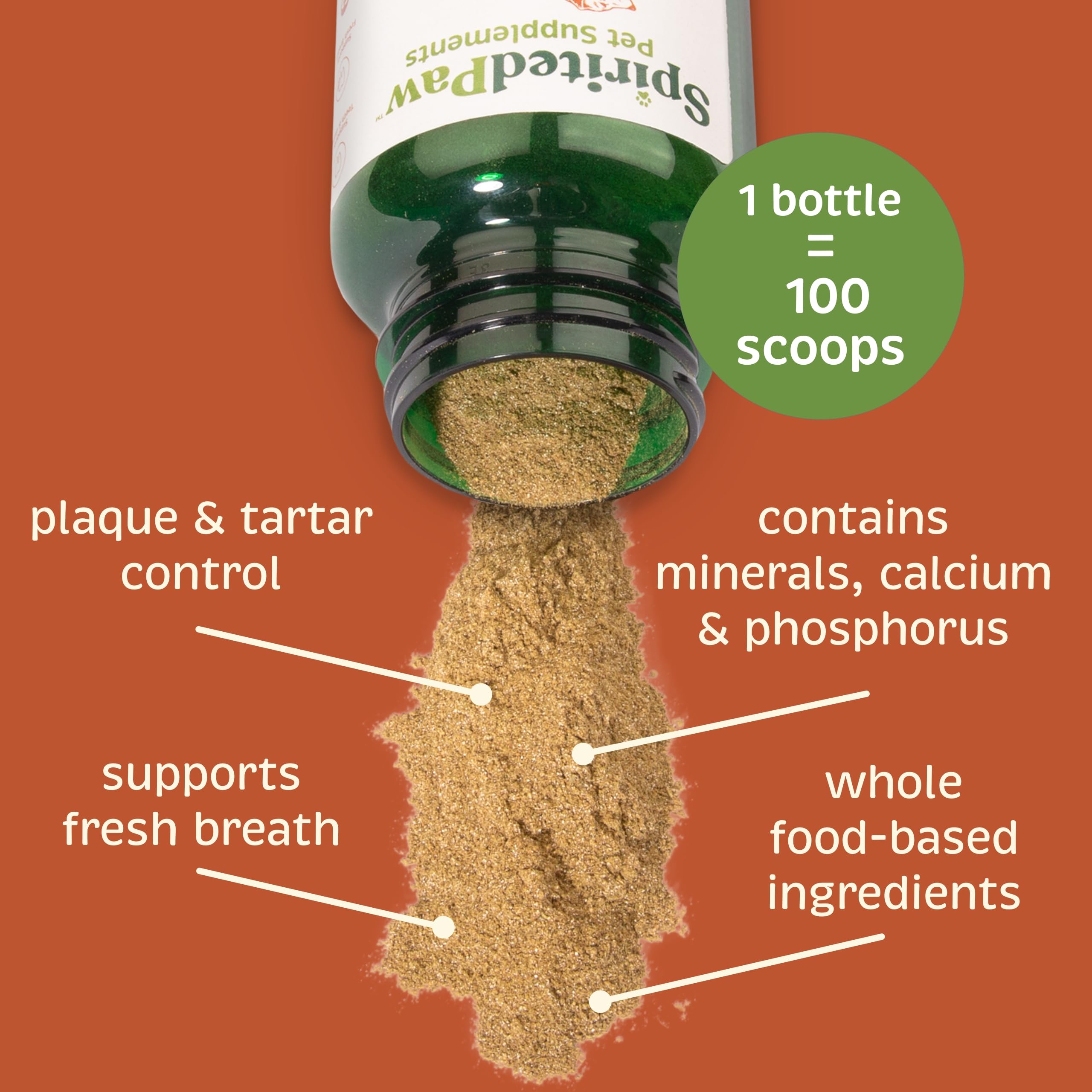 Spirited Paw dental powder being dispensed into pet paw-friendly scoop