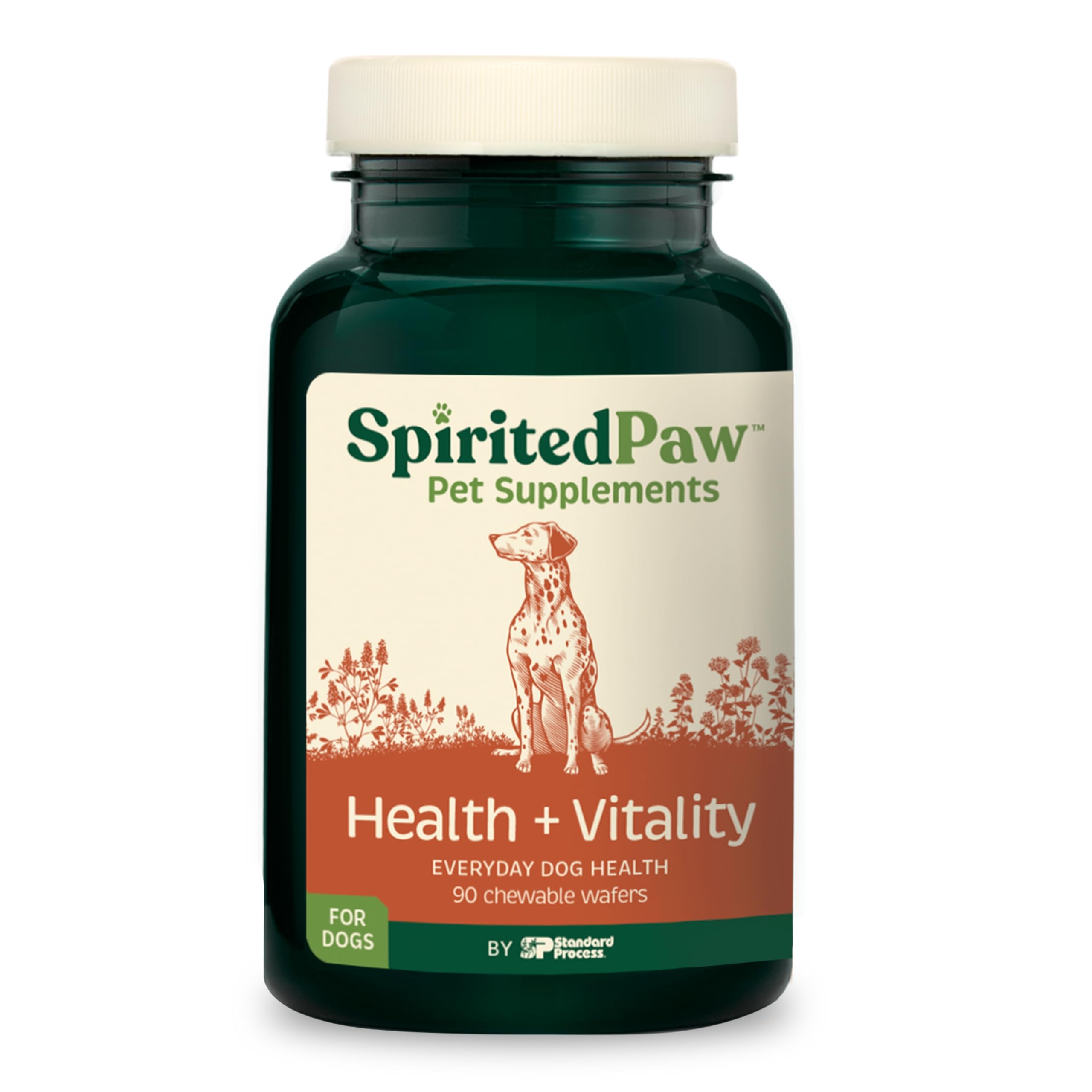 Spirited Paw Health + Vitality bottle closeup highlights immune support for dogs.