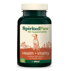 Spirited Paw Health + Vitality bottle closeup highlights immune support for dogs.