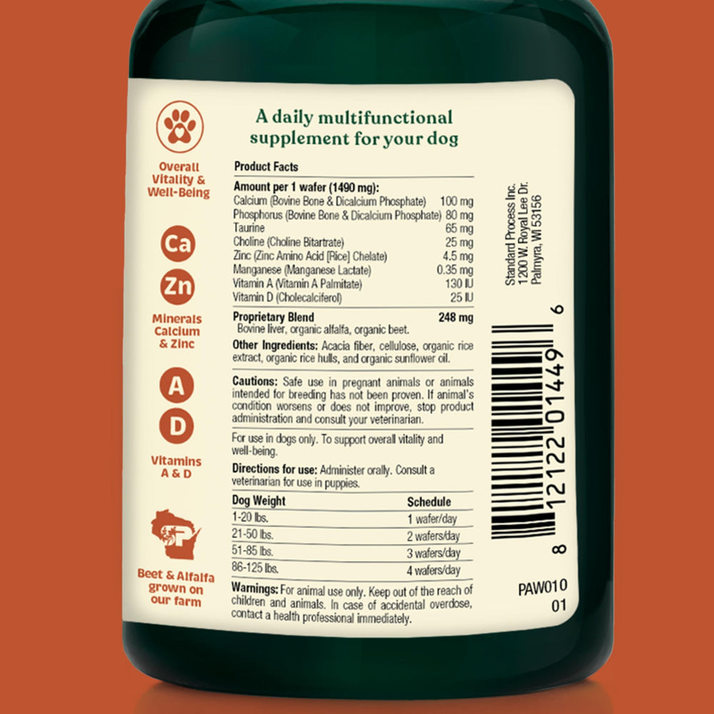 Spirited Paw Health + Vitality chews jar emphasizes liver-flavored wafers for daily vitality.