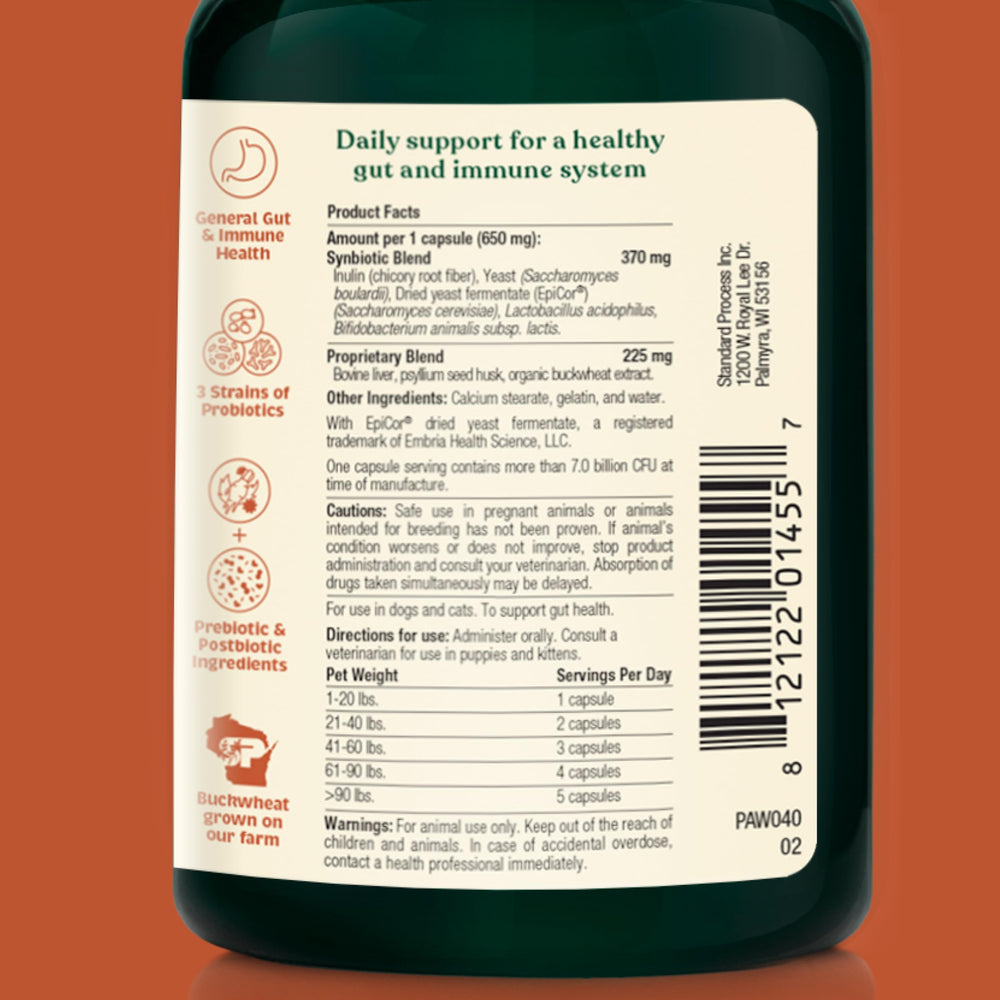 Spirited Paw probiotic capsules close-up showing high CFU potential.