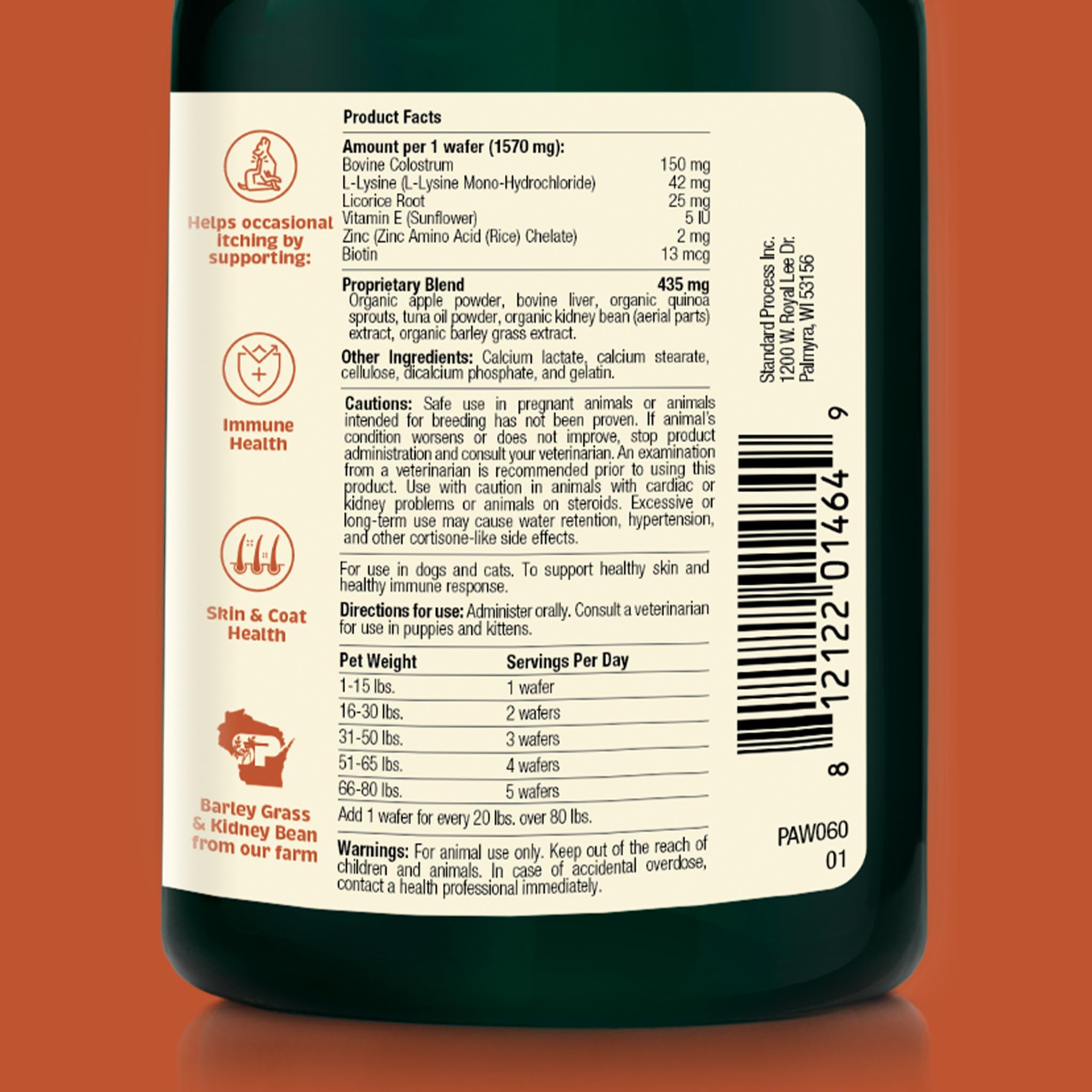 Spirited Paw Skin + Allergy bottle label highlighting natural ingredients for daily support.