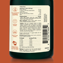 Spirited Paw Skin + Allergy bottle label highlighting natural ingredients for daily support.