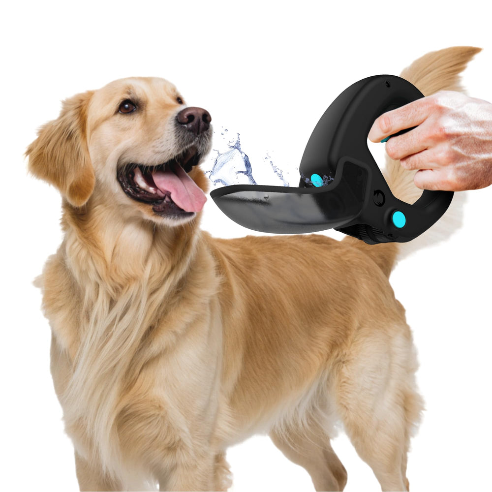 Spleash portable dog water bottle attached to leash enables hands-free walks and hydration.