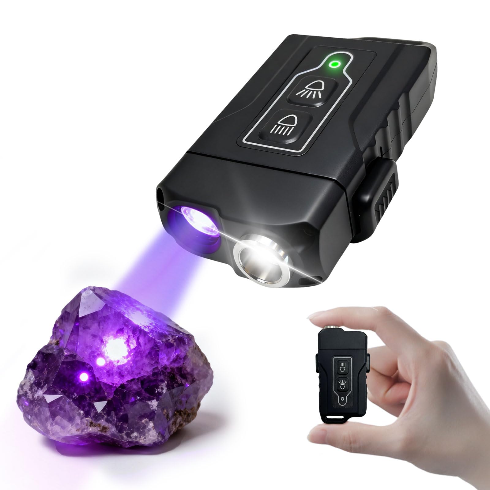 SpoLite front-view 365nm UV flashlight for dual-light scanning in dark spaces.