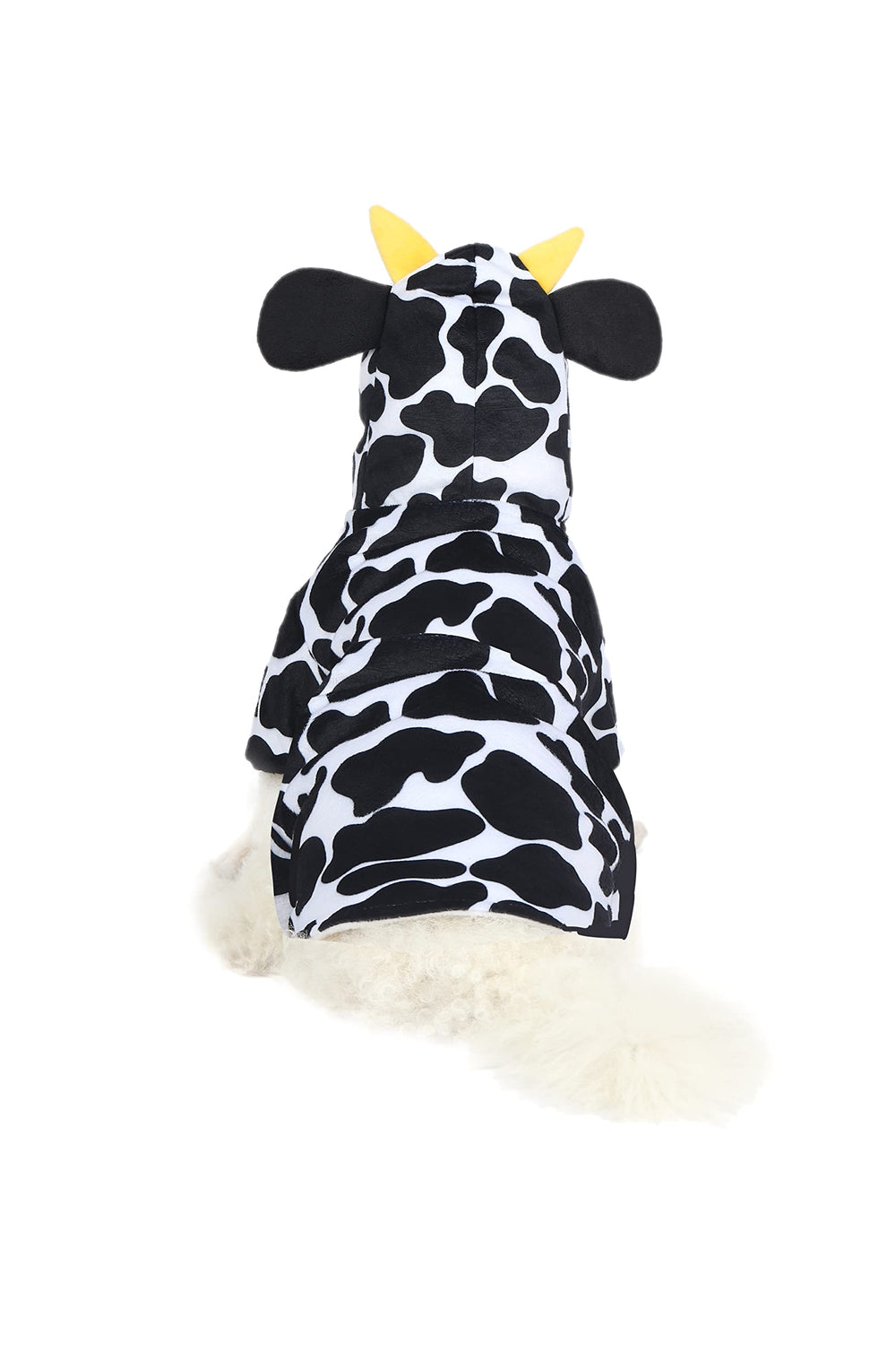 Spooktacular Creations cow-pattern fabric close-up showing comfortable polyester wear