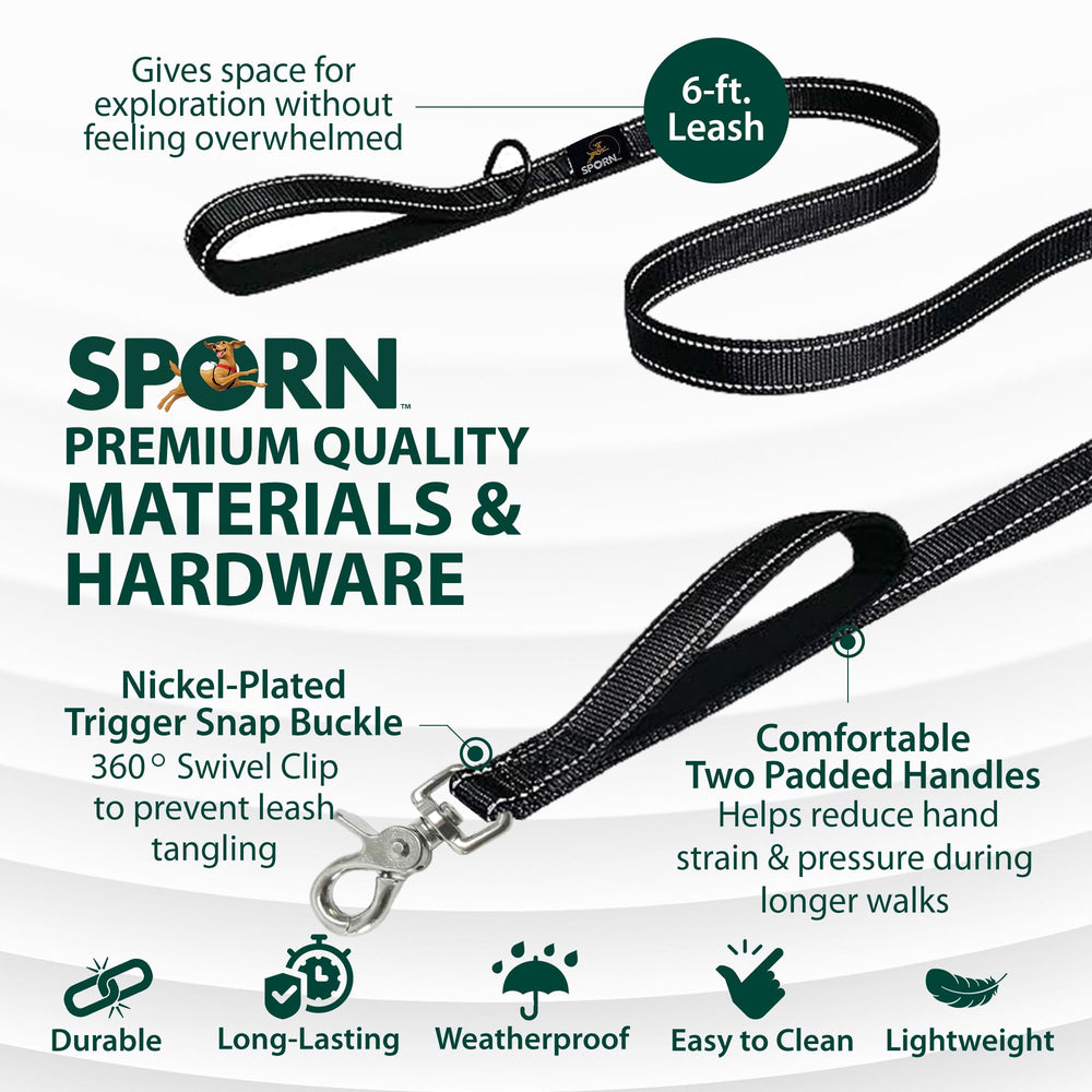 Sporn dual-handle padded leash 360-swivel detail illustrates tangle-free movement during strolls.