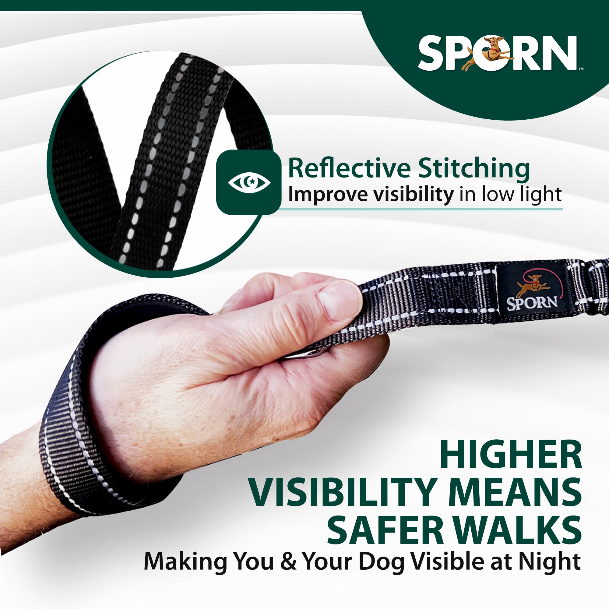 Sporn dual-handle padded leash reflective-strap night-visibility image highlights high visibility for low light walks.