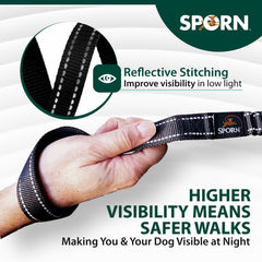 Sporn dual-handle padded leash reflective-strap night-visibility image highlights high visibility for low light walks.