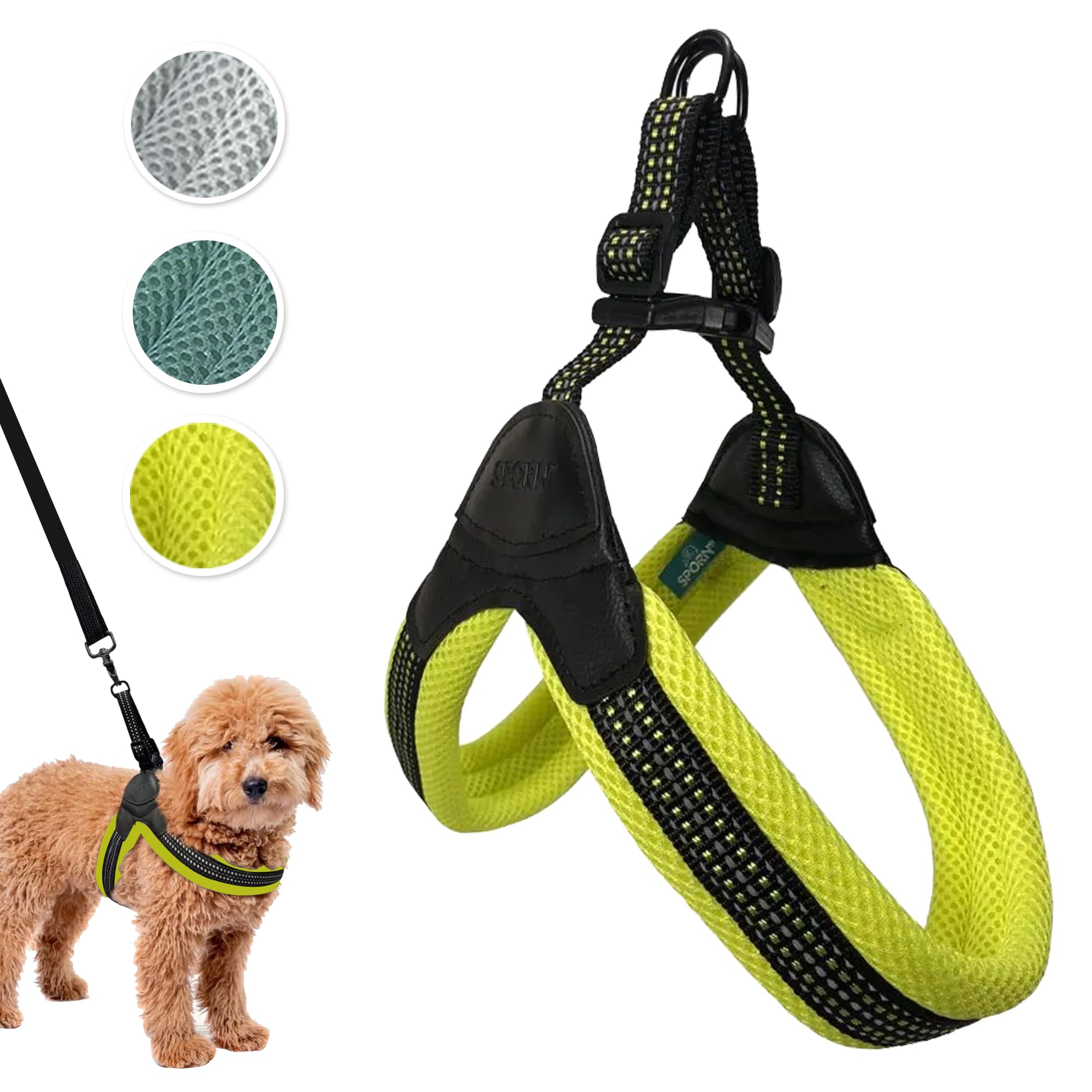 Sporn Easy-Fit Mesh Harness front view shows no-choke secure fit for large dogs.