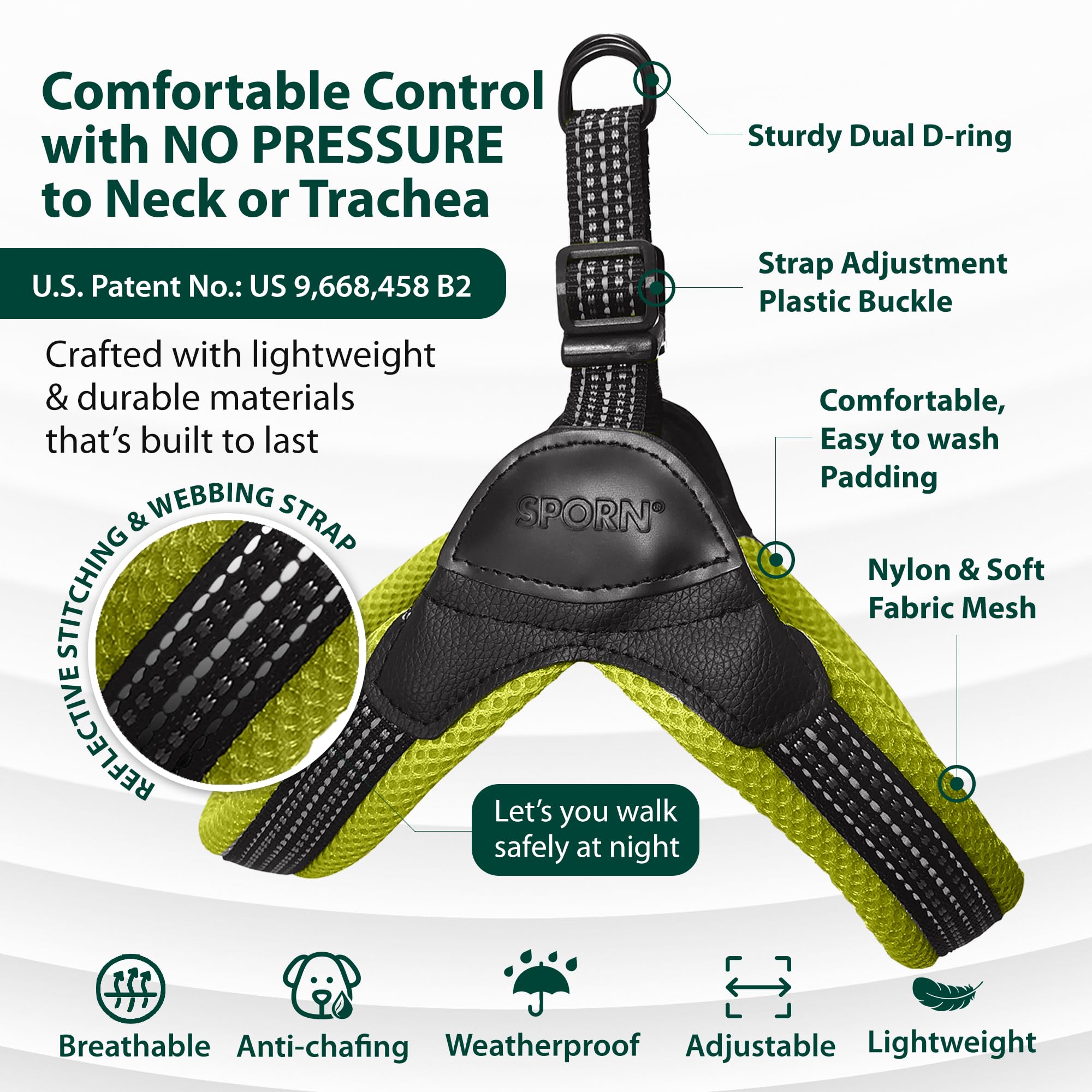 Sporn Easy-Fit Mesh Harness reflective thread boosts night visibility during walks.