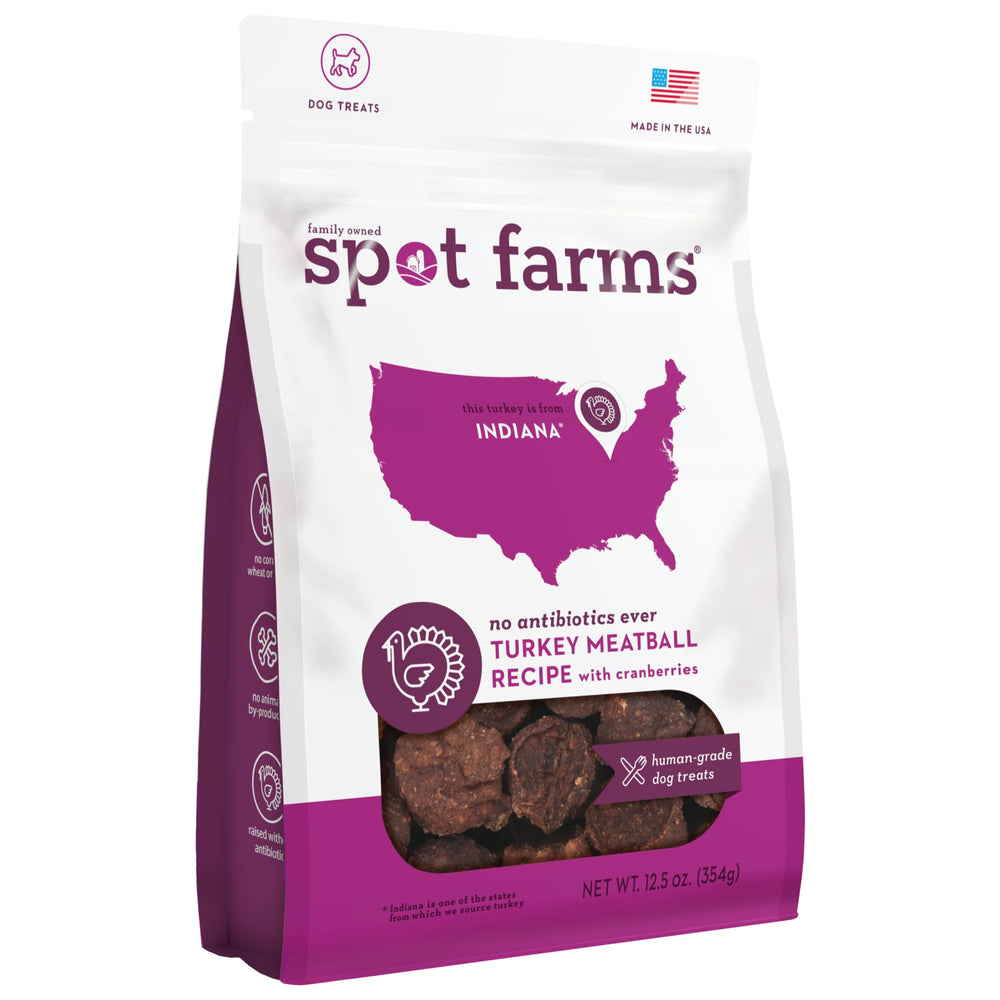 Spot Farms turkey meatball treats, bite-sized rewards for training.