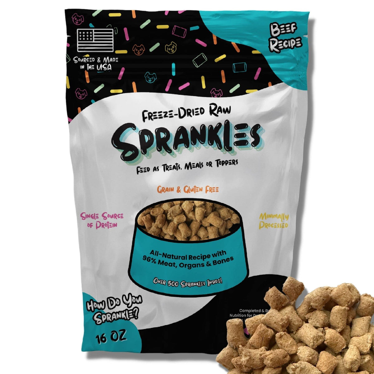 SPRANKLES freeze-dried meal toppers in a dog bowl for tasty, protein-packed meals