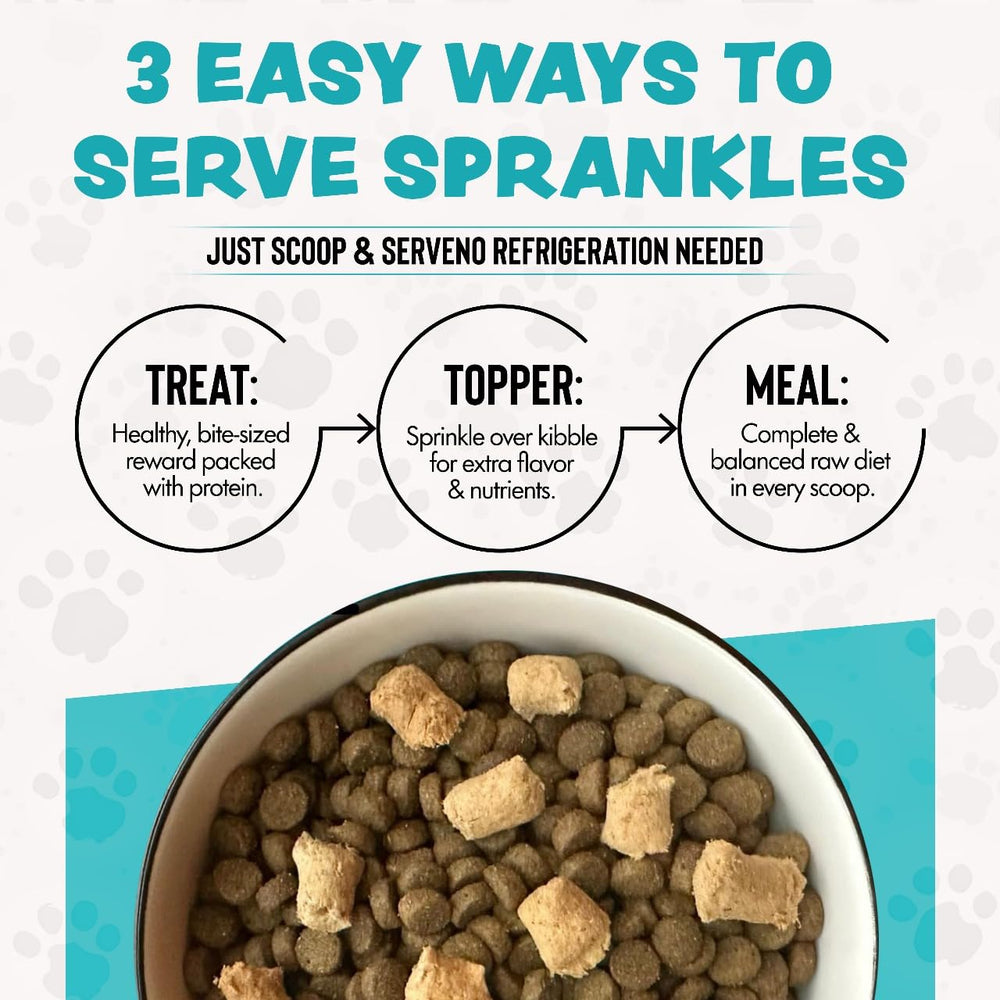 SPRANKLES freeze-dried toppers poured over kibble for easier appetite and crunch