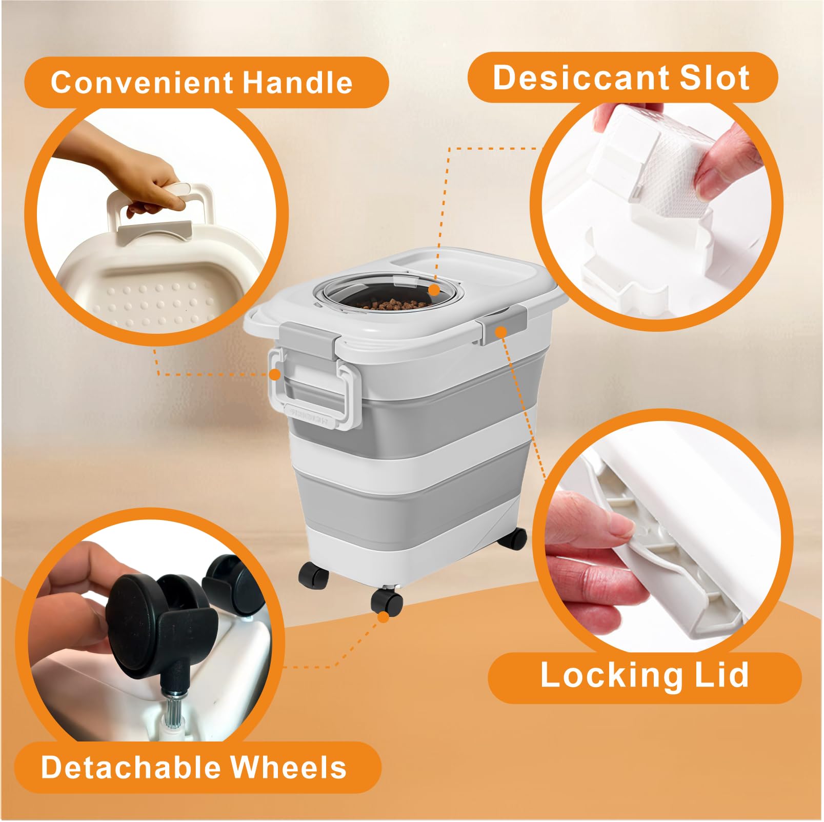 Sprbriolsm portable pet food container with wheels and a handle for easy transport.