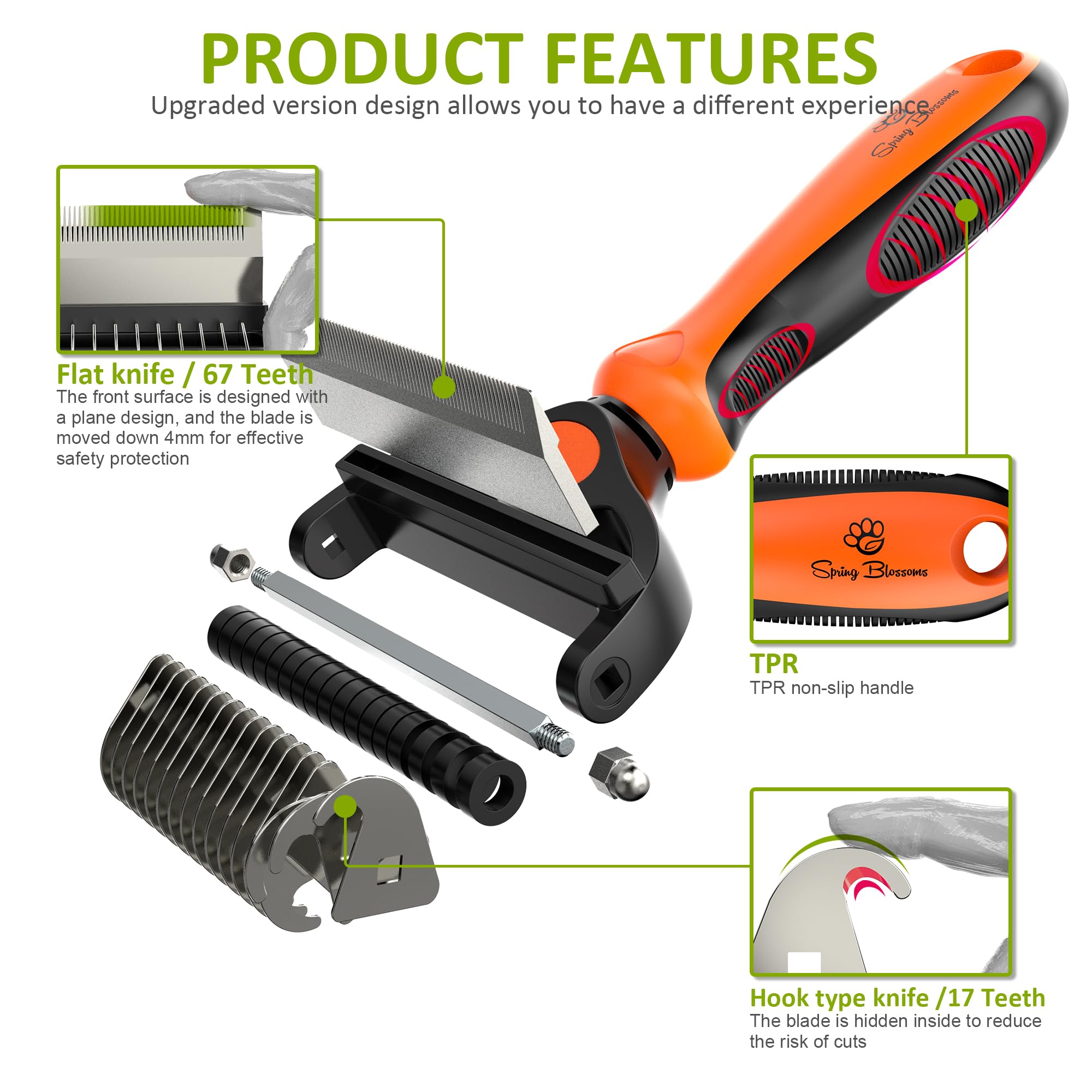 Spring Blossoms 87-teeth shedding brush helps reduce loose fur.