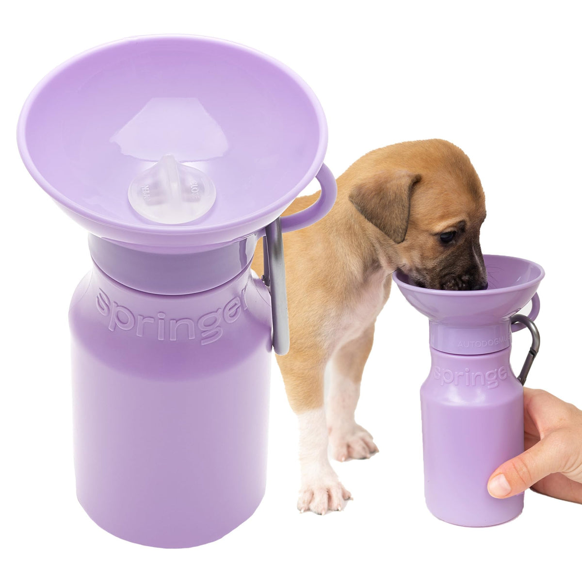 Springer by Springland dog water bottle lilac side view for on-the-go hydration.