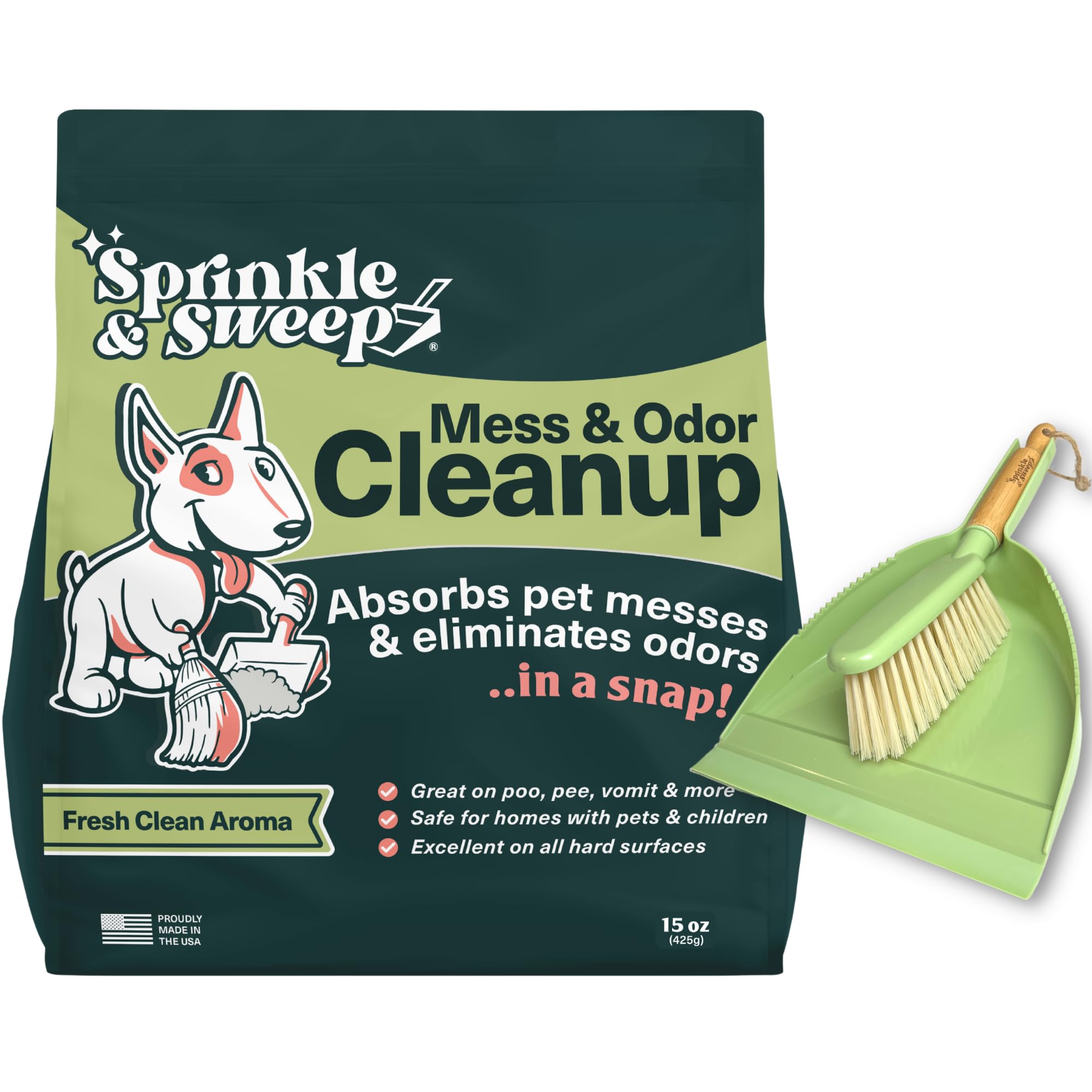 Sprinkle & Sweep cleaning kit ensemble for quick pet-mess cleanup and odor control.