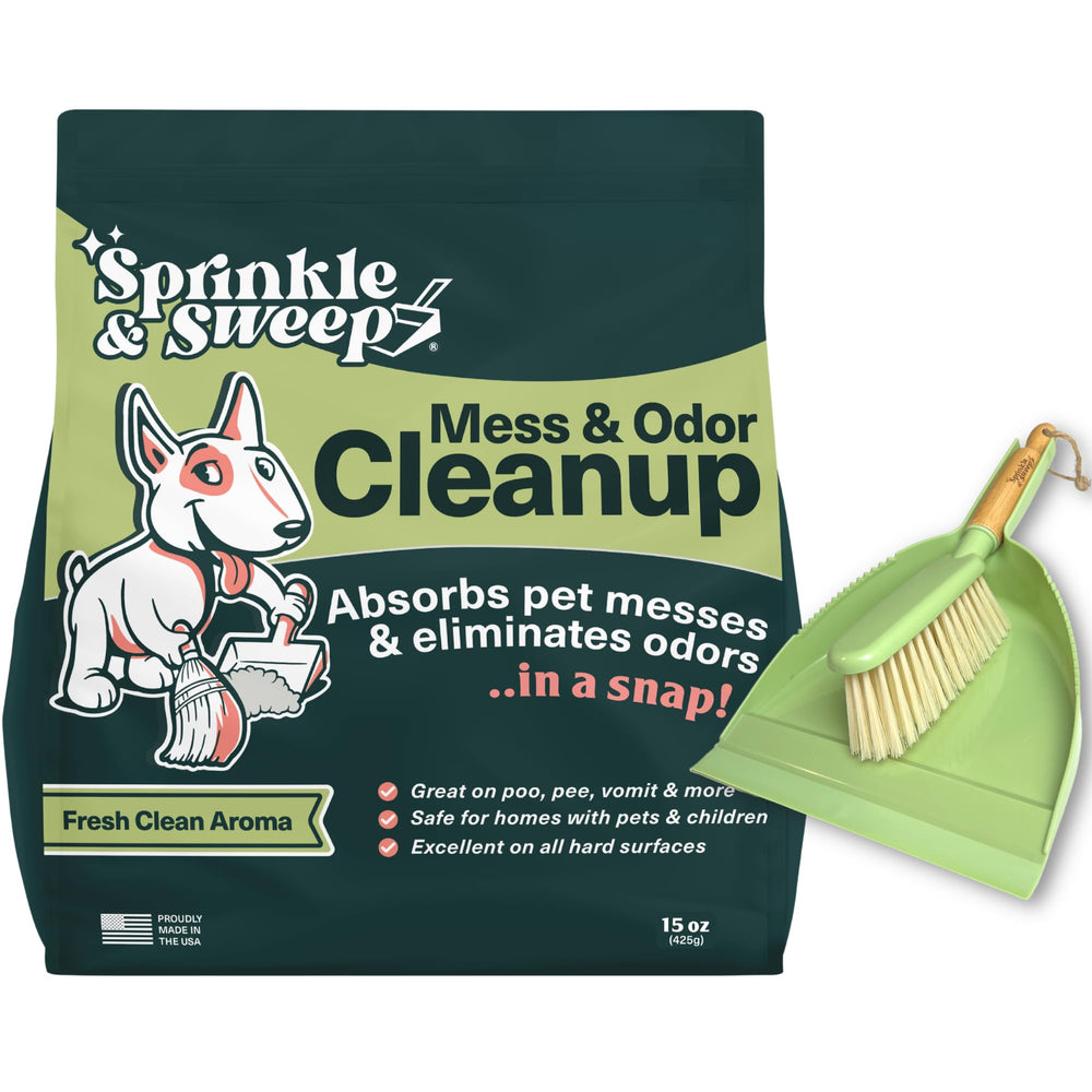 Sprinkle & Sweep cleaning kit ensemble for quick pet-mess cleanup and odor control.