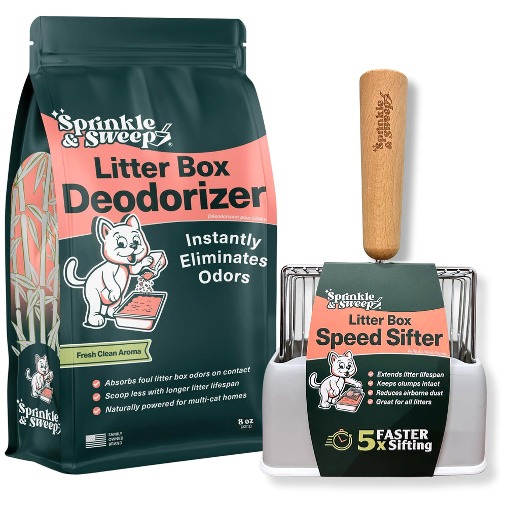 Sprinkle & Sweep deodorizer packaging ready for litter box odor control.