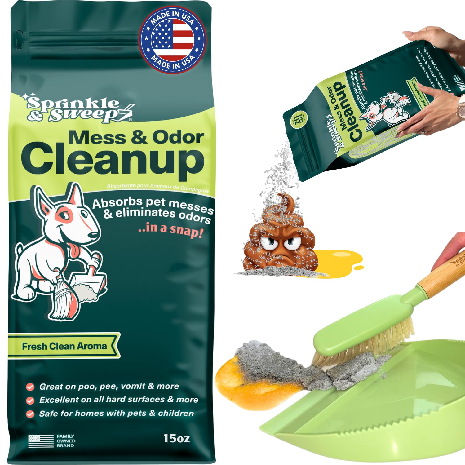 Sprinkle & Sweep dog pee cleaner packaging shows safe, non-toxic odor removal.