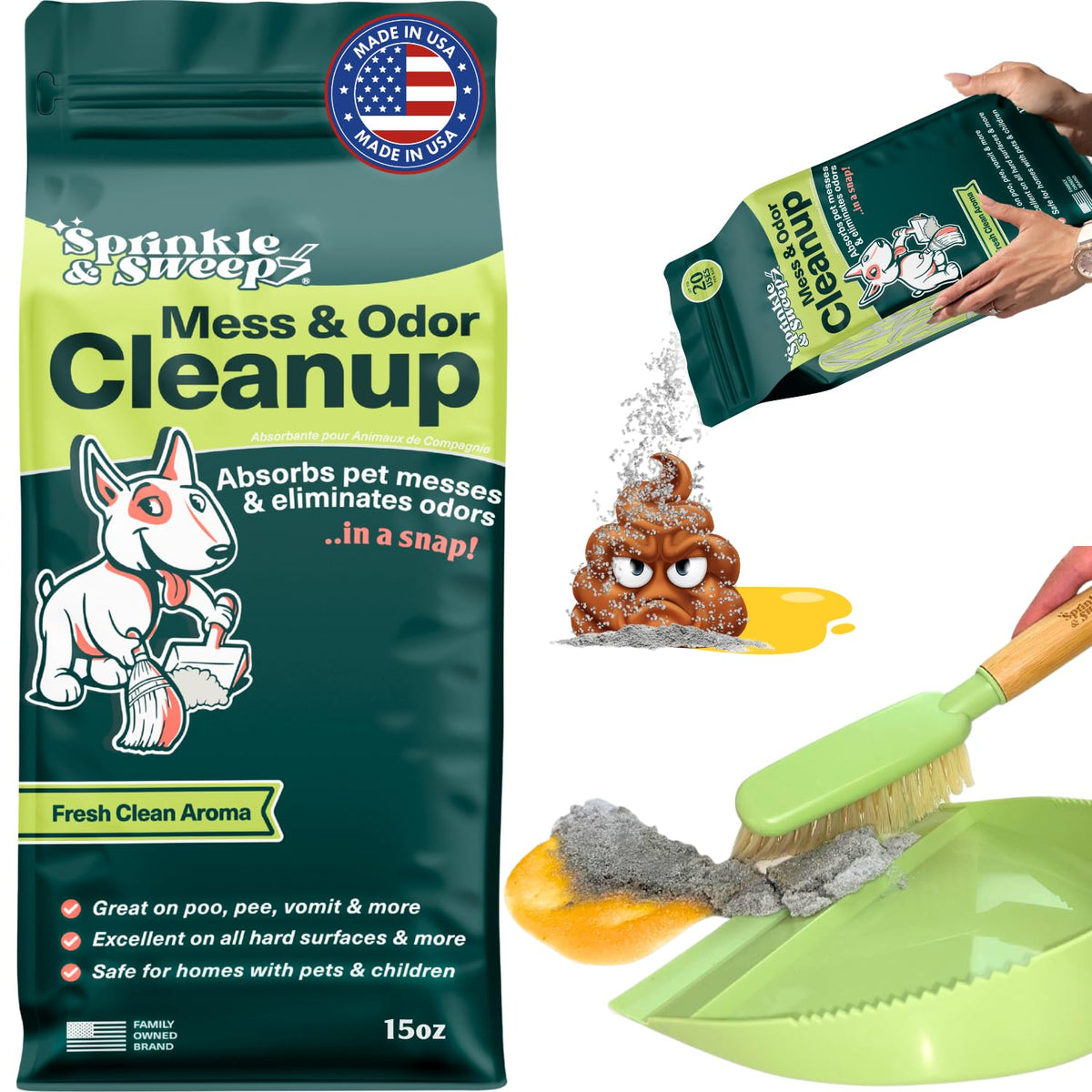 Sprinkle & Sweep dog pee cleaner packaging shows safe, non-toxic odor removal.