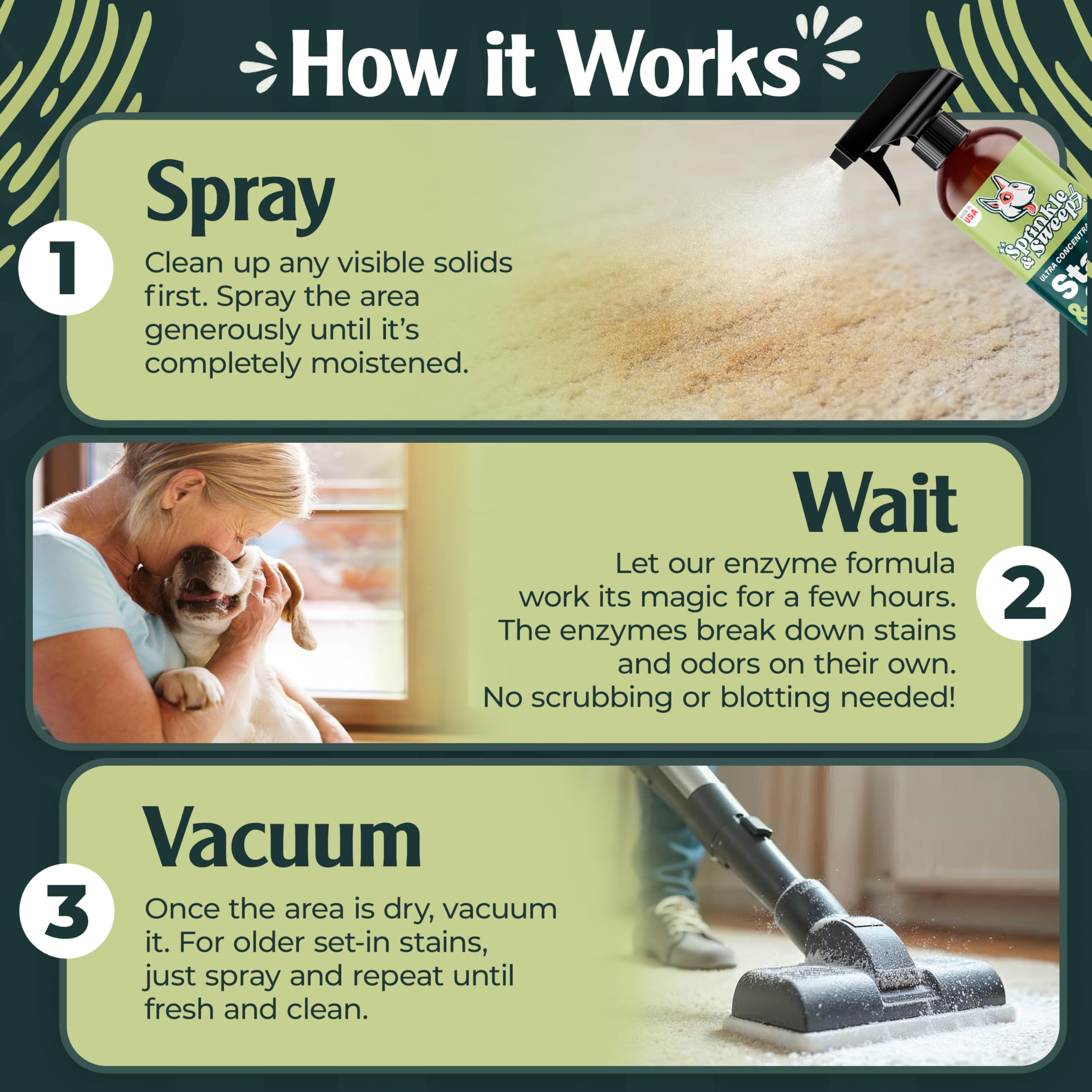 Sprinkle & Sweep enzyme cleaner removes carpet stains and odors on rugs