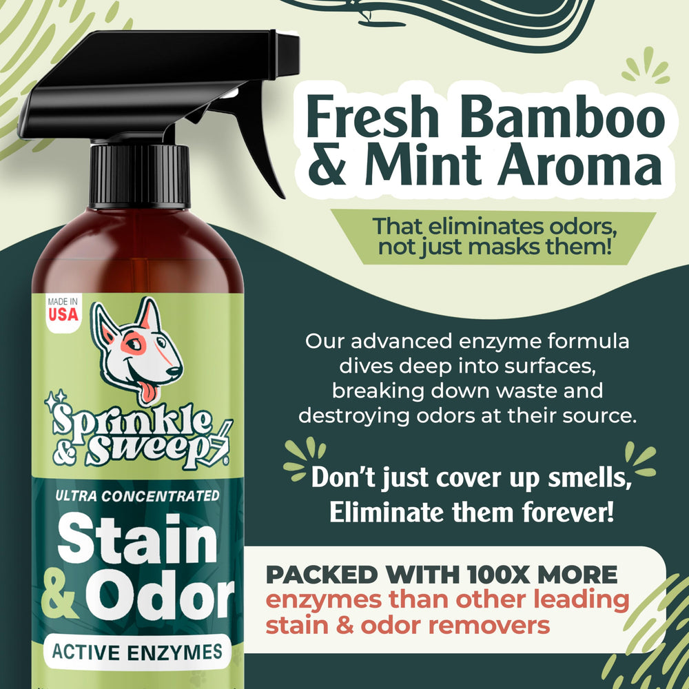 Sprinkle & Sweep enzyme cleaner used on hard floors for pet mess cleanup