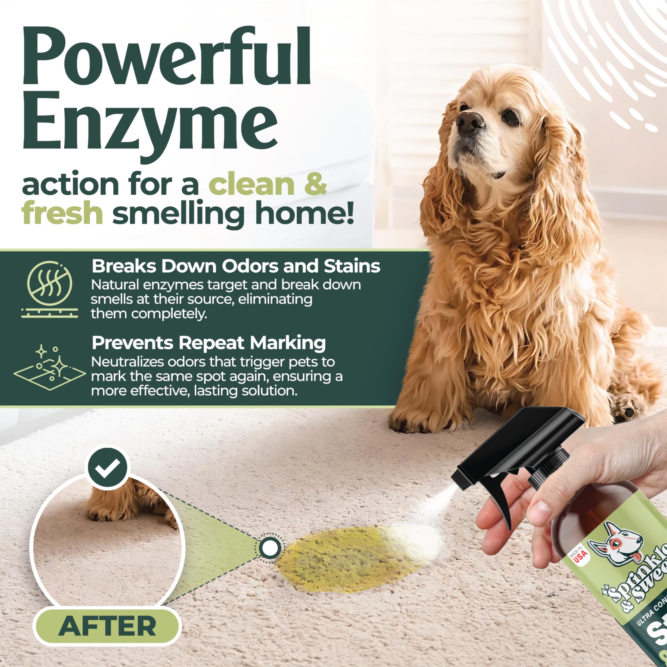 Sprinkle & Sweep enzyme cleaner spray action demonstrates quick deodorizing power